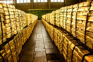 Thousands of gold bars in a storage facility